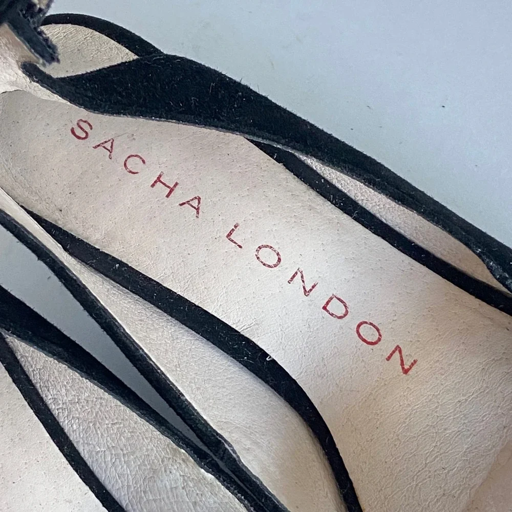 Sacha London Black Suede Peep Toe Wedge Sandals Ankle Strap Womens 7.5 Hand Made